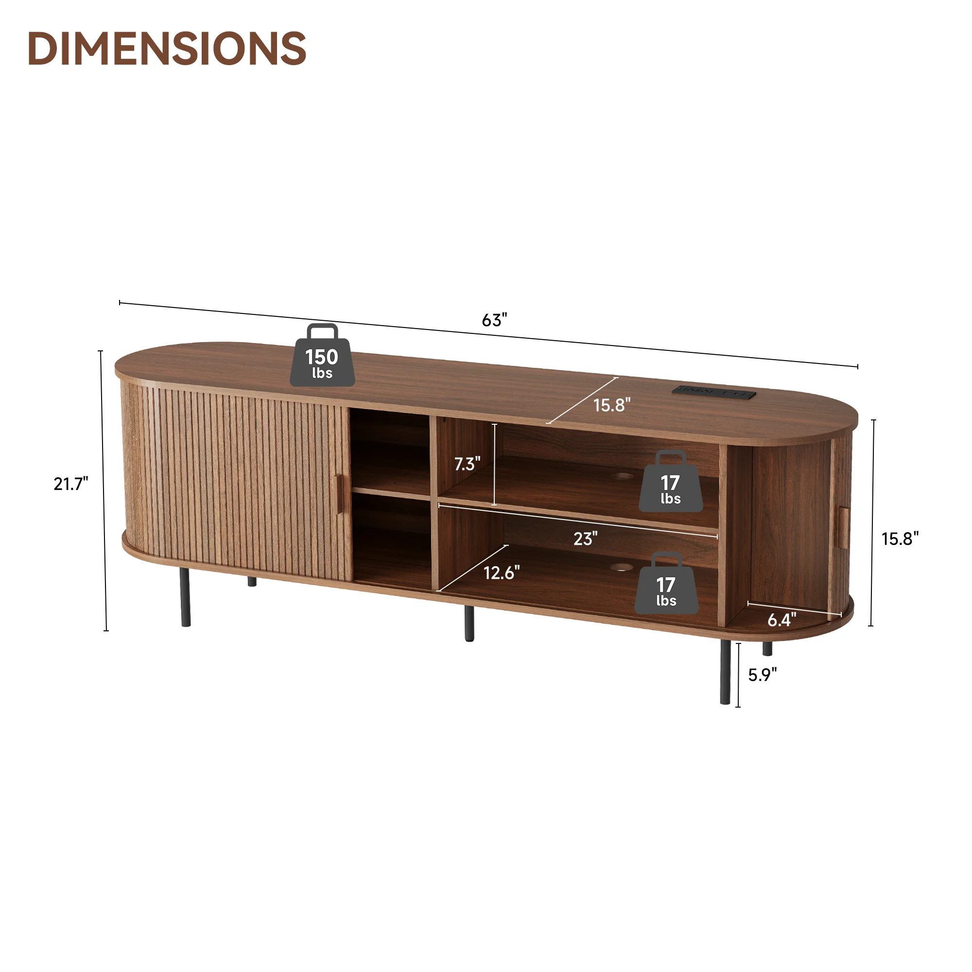 MARNUR 63" TV Stand for 70" TV, Wood Entertainment Center with Storage and Shelves, 2 Sliding Tambour Doors, Mid-Century Modern, Walnut - Image 11