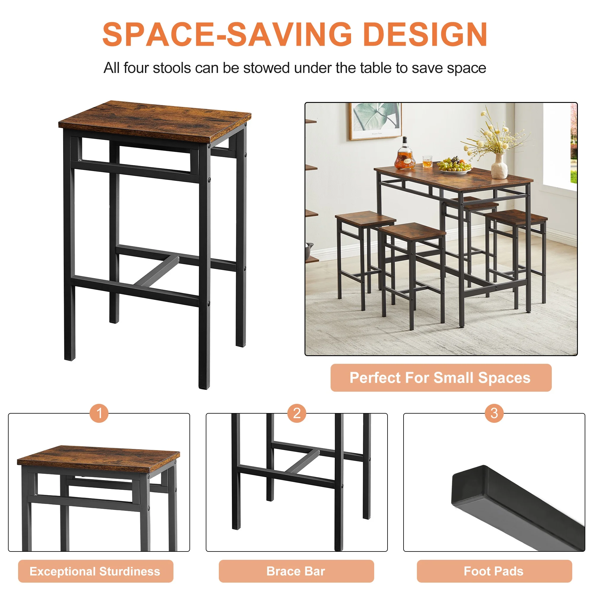 Counter Height Table Set of 5, Breakfast Bar Table and Stool Set, Minimalist Dining Table with Backless Stools, Wood Top Pub Table & Chair Set for Kitchen Apartment Bistro - Space Saving - Image 19