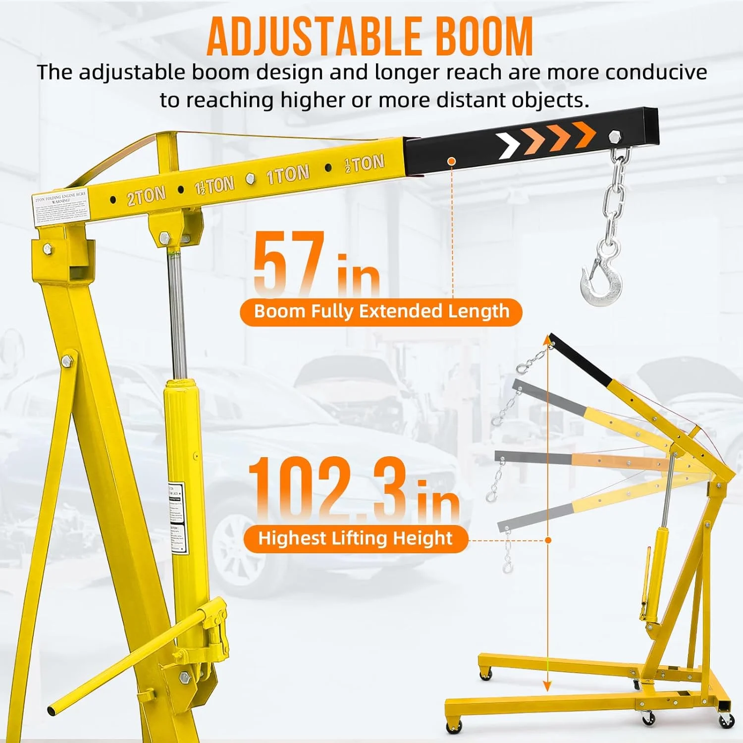 JoanKaren 2 Ton Folding Hydraulic Engine Hoist,Heavy-Duty Engine Shop Crane Hoist Lift,Heavy Cherry Picker with 6 Wheels,Yellow - Image 5