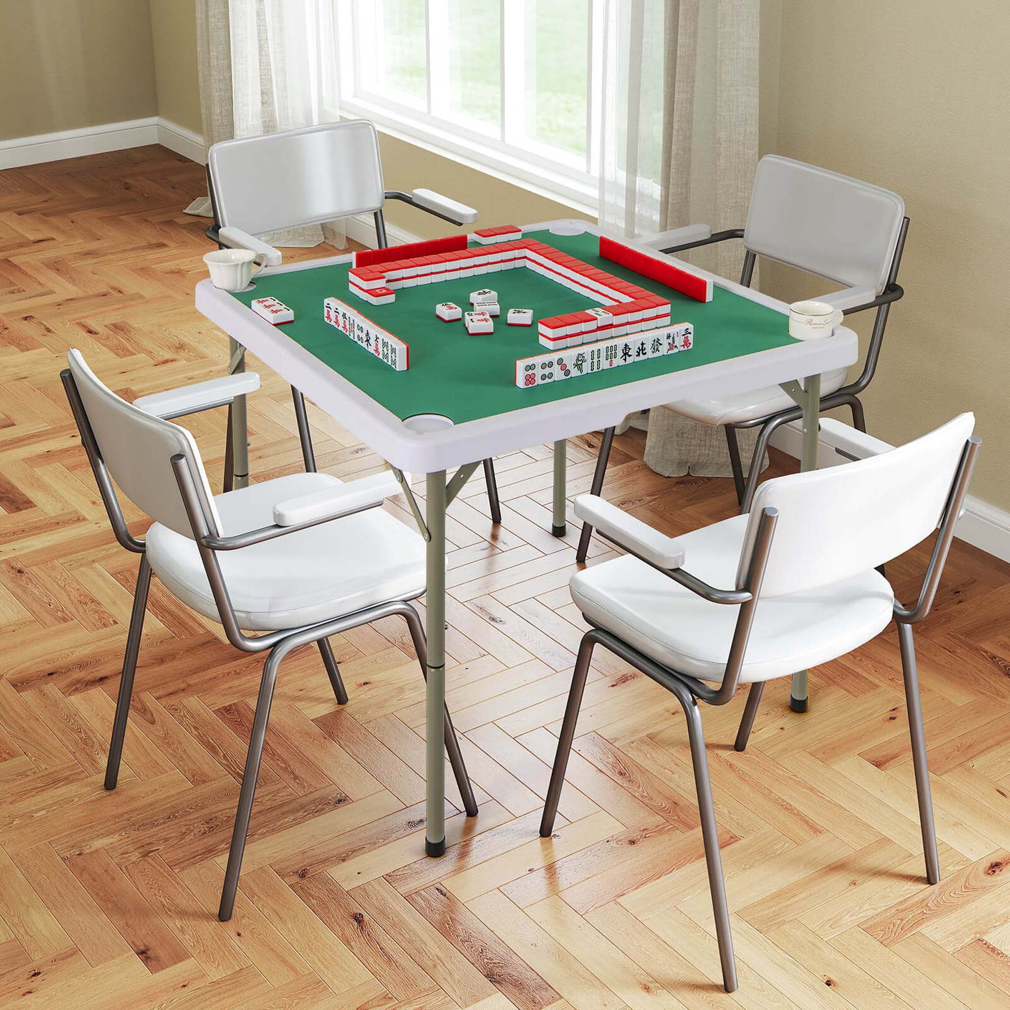 Costway 35" Folding Mahjong Table with Cup Holders & Smooth Felt Mat Carrying Handle Green - Image 8