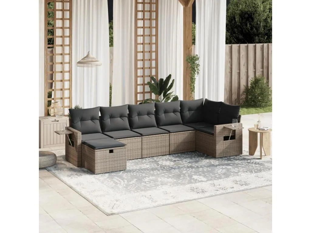 Set de sofás de jardín 7 piezas con cojines ratán PE gris csoz18848
