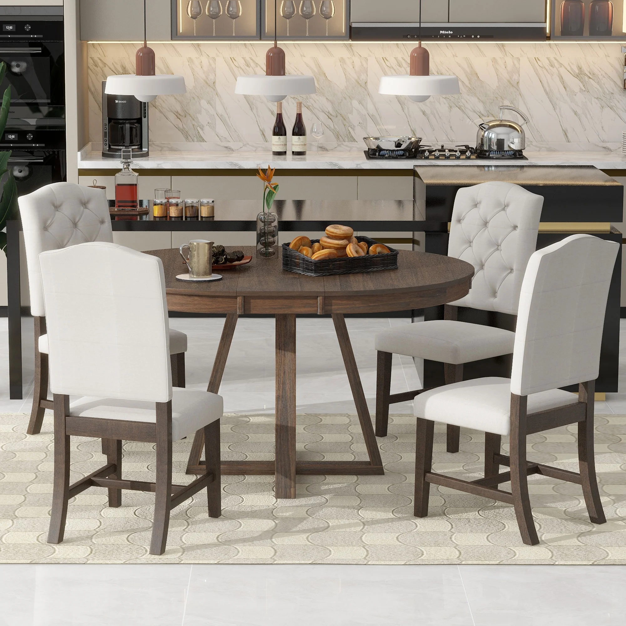 5 Piece Round Dining Table Set, Dining Room Set with Extendable Table and 4 Upholstered Chairs, Wood Dining Table Set for 4, Farmhouse Dining Table Set for Kitchen Dining Room Dorm Apartment, Brown - Image 16