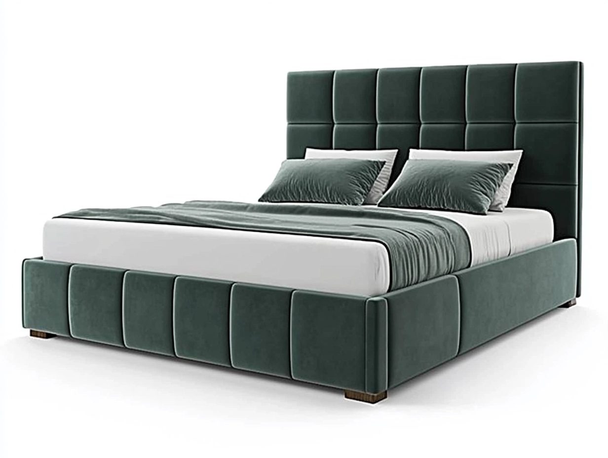 Cama tapizada en terciopelo verde con cabecero acolchado