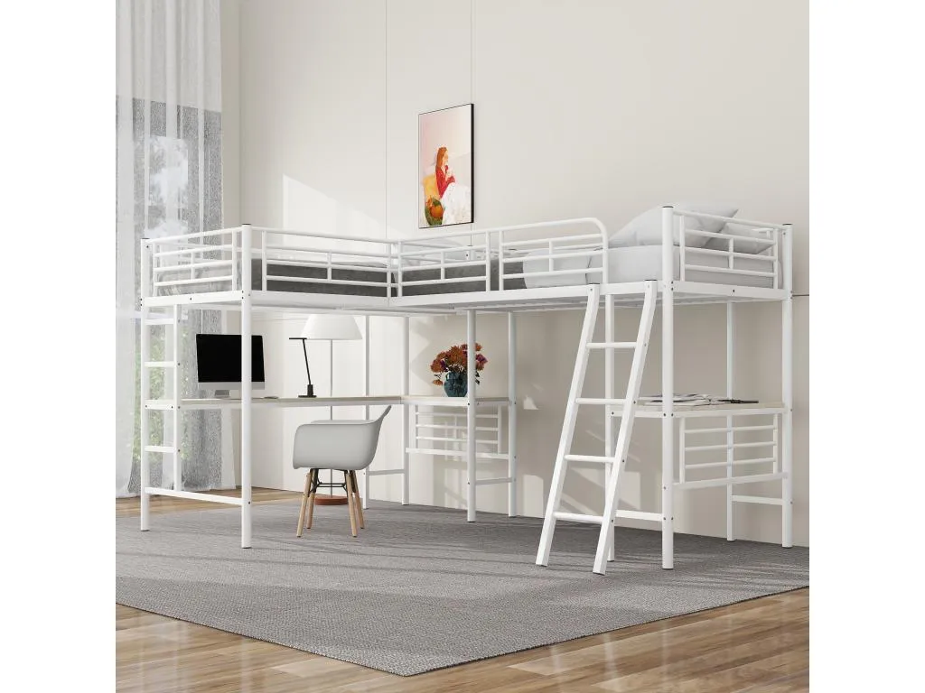 Cama altillo de 2 plazas - 2 x 90 x 200 cm - con escritorio esquinero y escaleras - metal - Cosinor xpv2870428