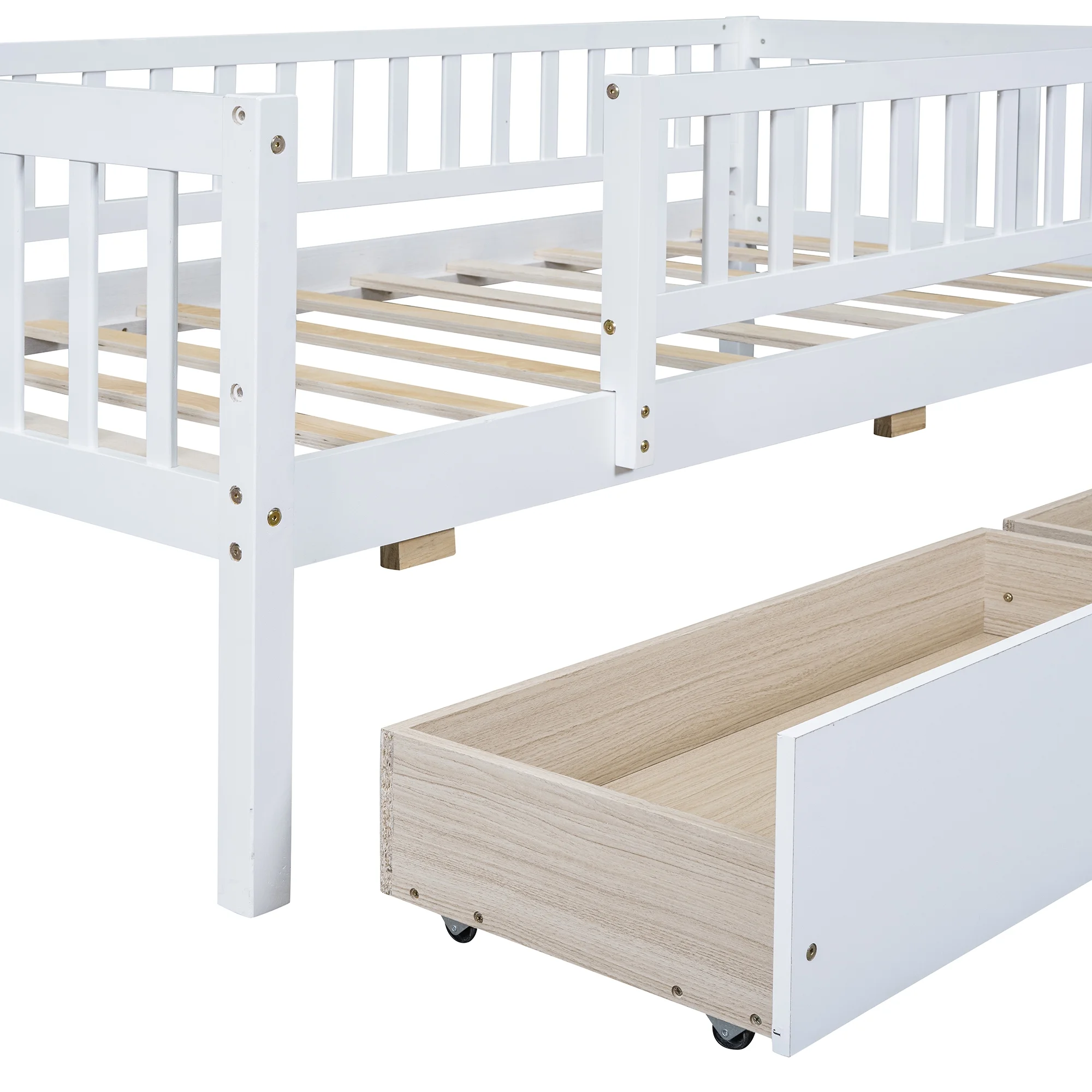 Holaki Twin Size Wood Bed with Guardrails and 2 Storage Drawers for Kids, Gray