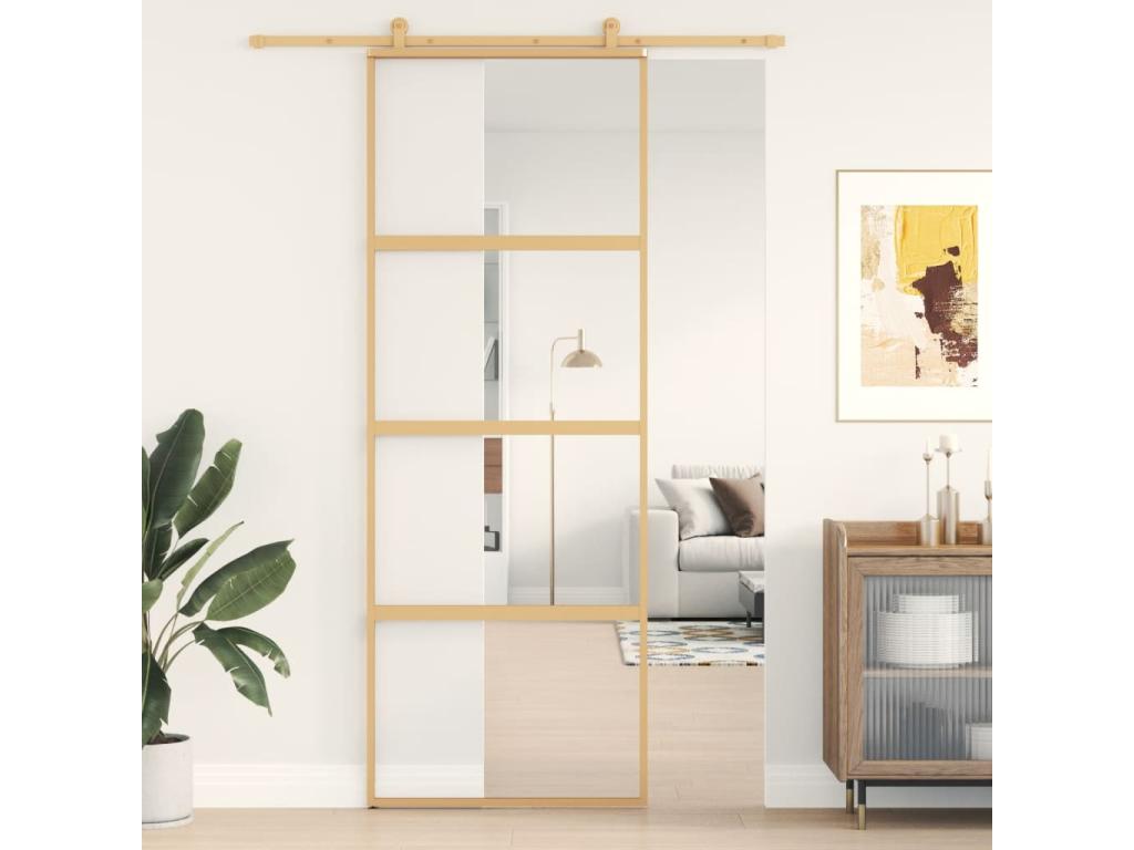 Puerta corredera dorada 76x205 cm cristal ESG transparente y aluminio