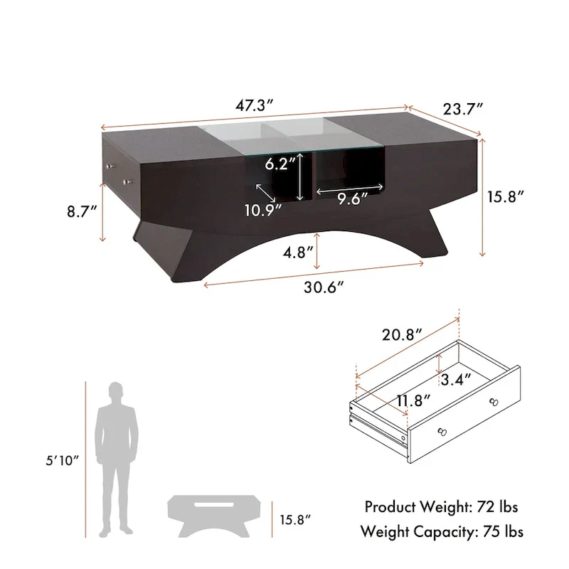 Angelic Contemporary Storage Coffee Table with Glass Insert by Furniture of America