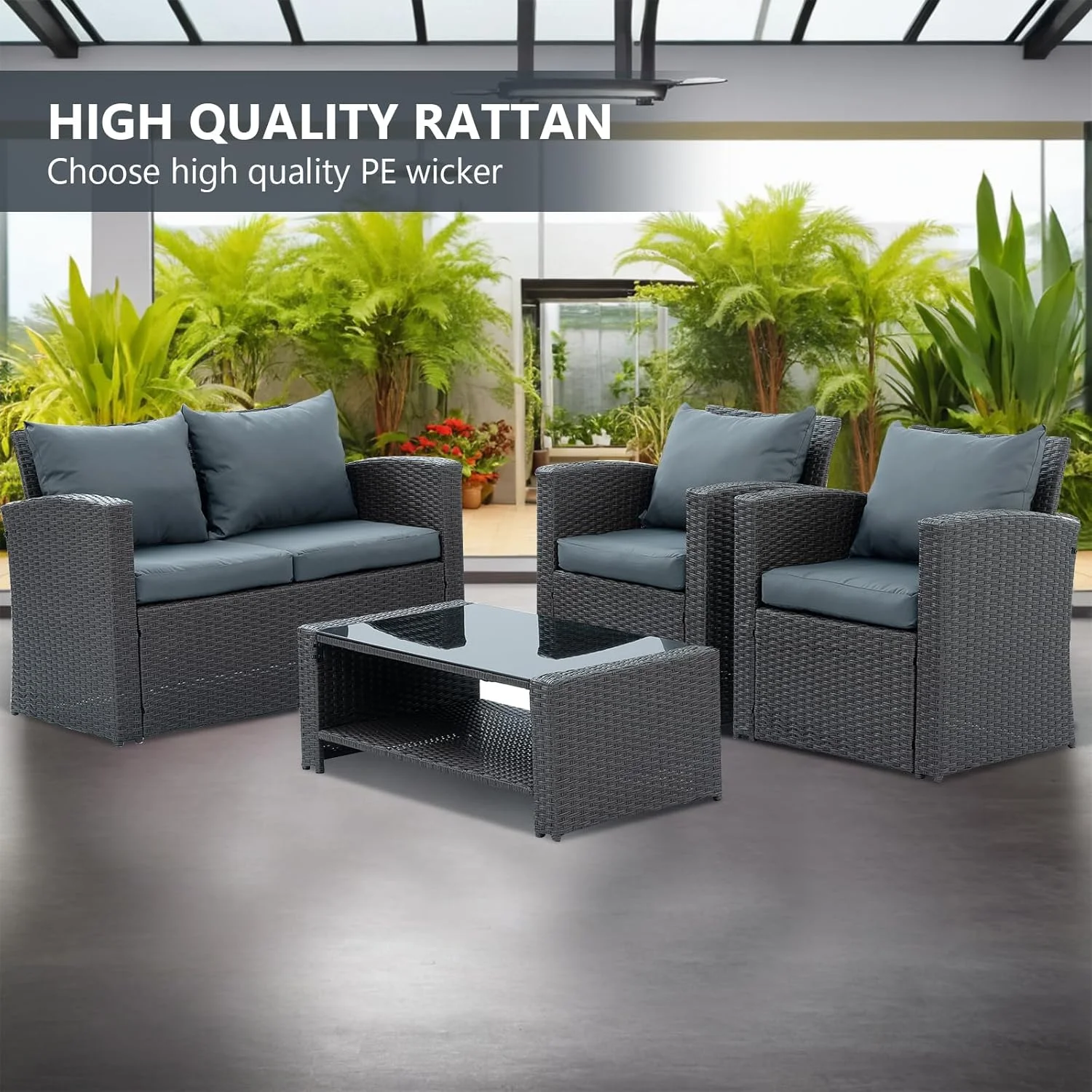 7 Piece Patio Furniture Sets Outdoor Sectional PE Rattan Outdoor Furniture Patio Conversation Set with Cushions and Glass Coffee Table, for Balcony Lawn and Garden, Gray - Image 16