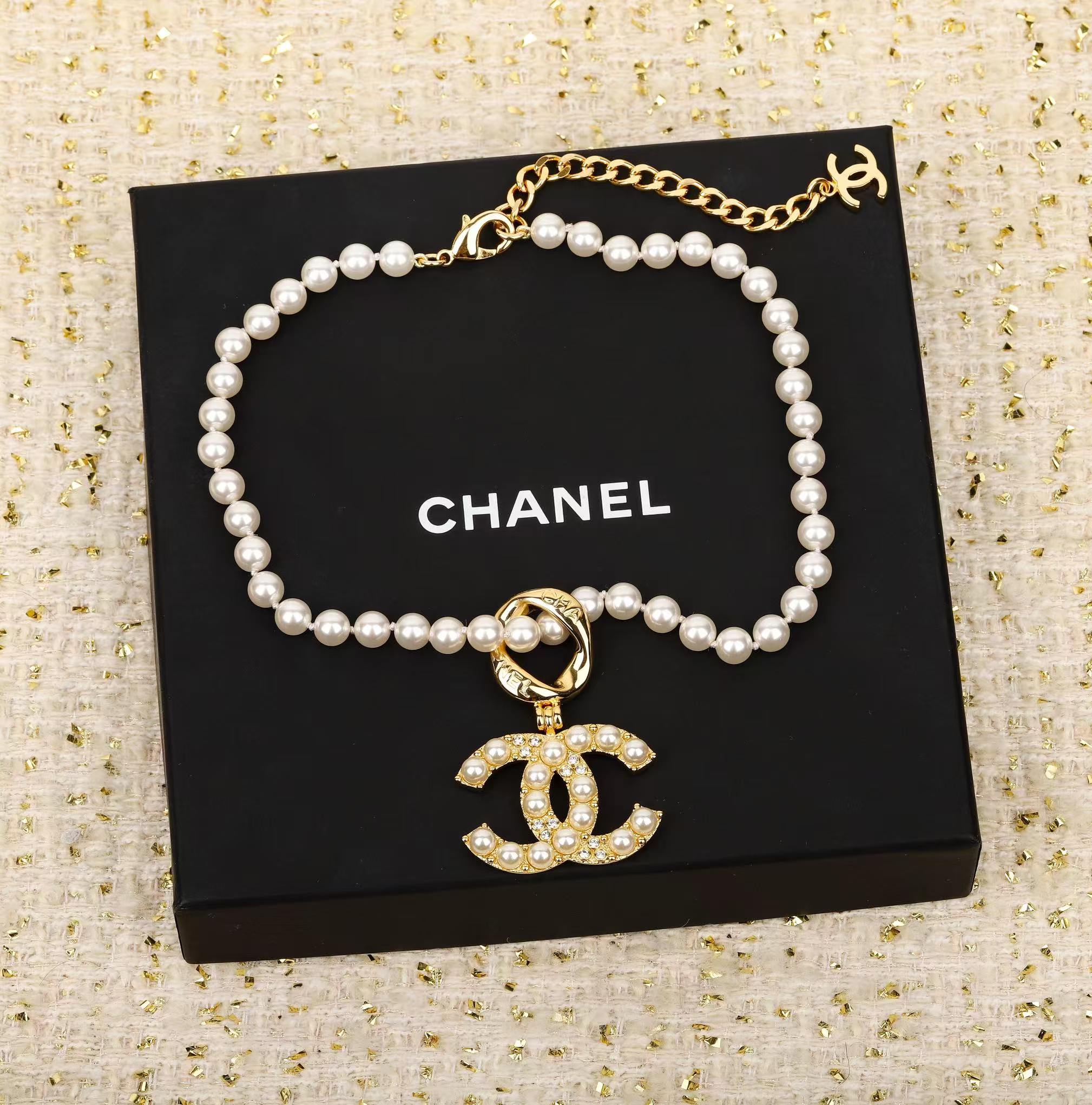 Chanel Diamond Pearl Paved Double C Pendant Pearl Necklace - Original Replica Club