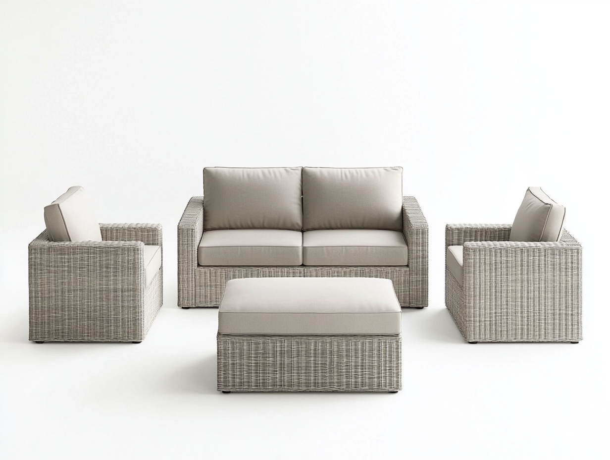 Conjunto de sofá de jardín 4 plazas con estructura de ratán gris y cojines beige