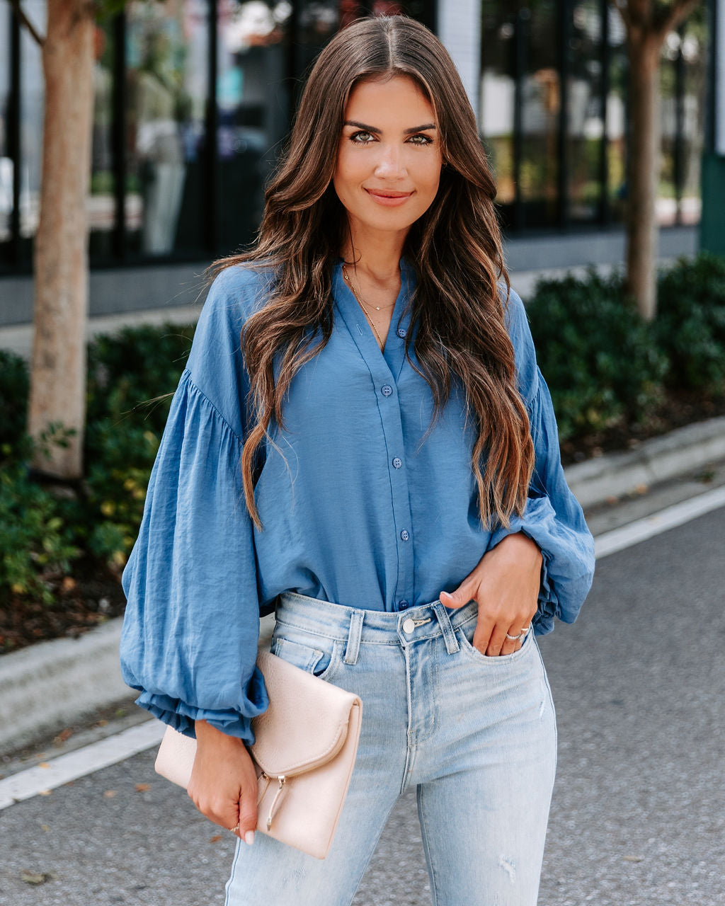 Asher Balloon Sleeve Button Down Top - Blue - SALE - Se7enfashion