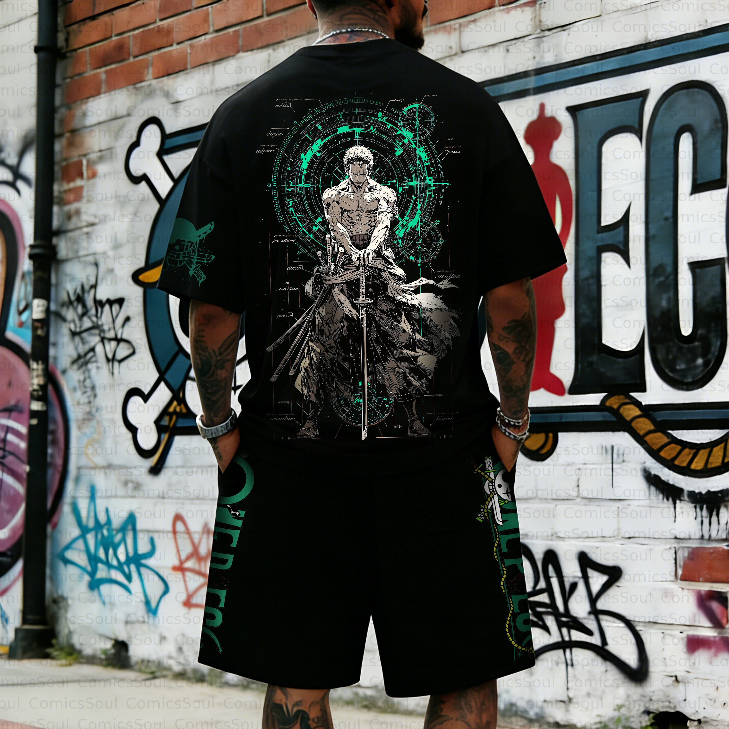 Unisex Anime Inspired Vintage T-shirt& Shorts 2 Pieces Set