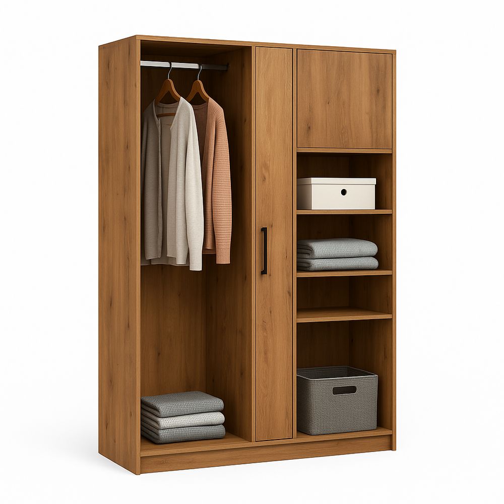 Armario de Madera de Estilo Moderno con Espacio para Colgar y Estantes Abiertos, 180 cm, Color Madera Natural