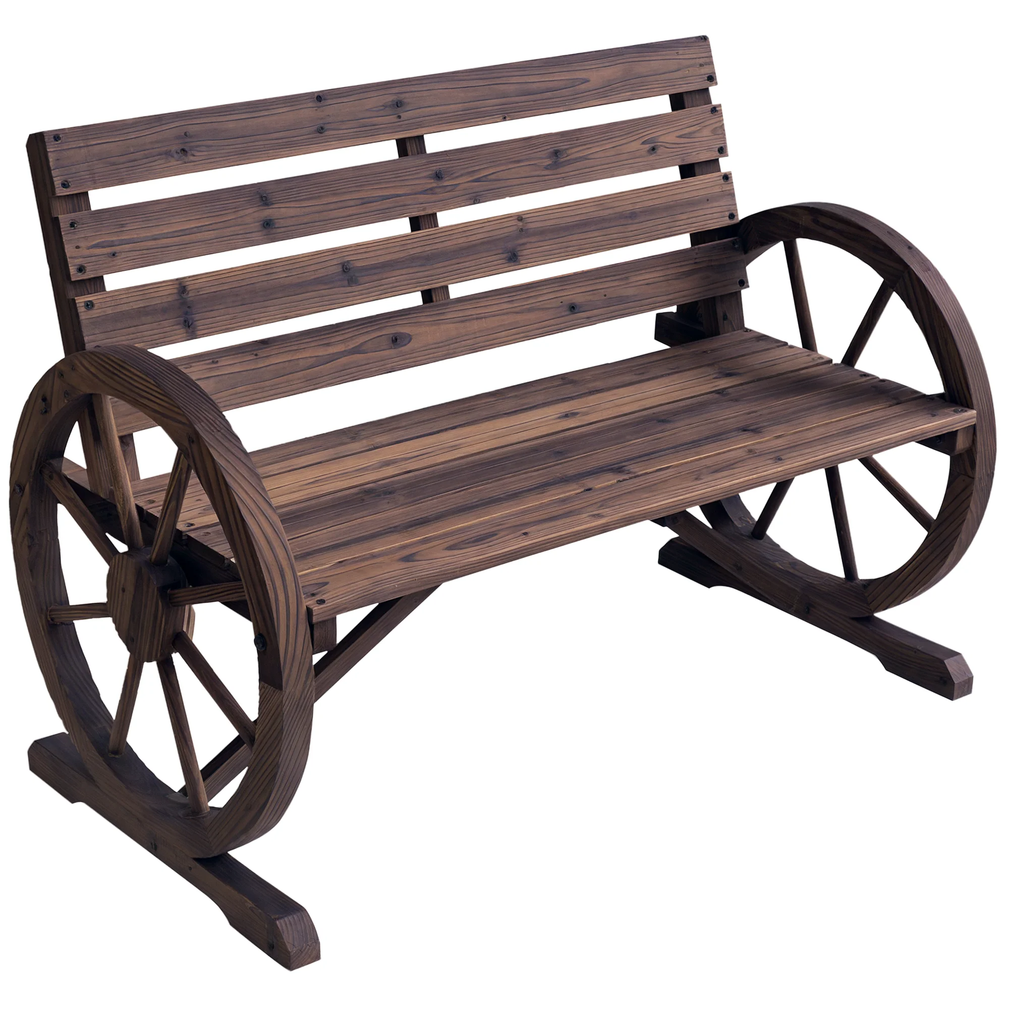 Outsunny Wooden Wagon Wheel Bench Rustic Outdoor Patio Furniture, 2-Person Seat Bench with Backrest Carbonized - Image 4