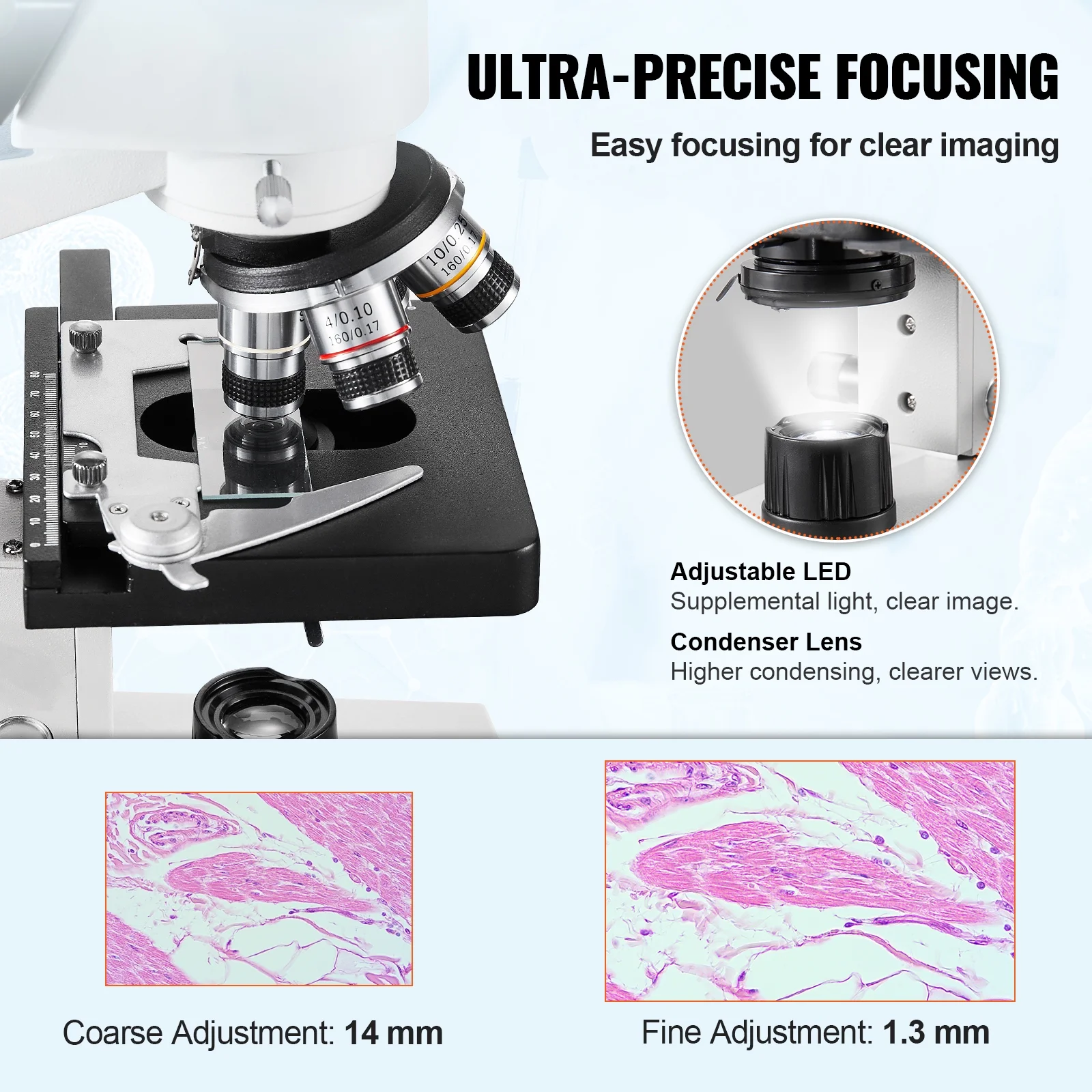 VEVOR Compound Trinocular Microscope, 40X-5000X Magnification Trinocular Compound Lab Microscope with Two-Layer Mechanical Stage, External Interface, LED Illumination and Microscope Slides Included - Image 3