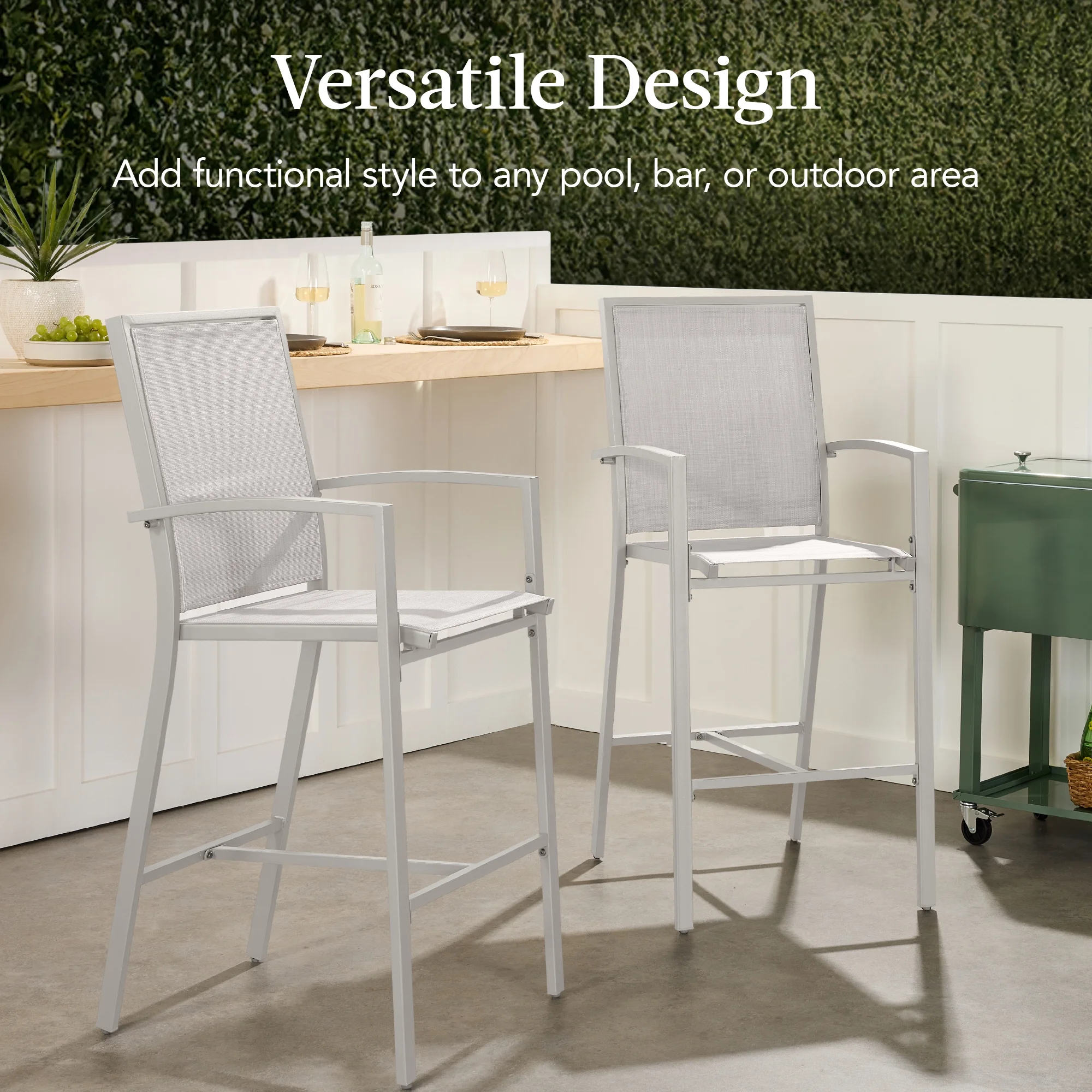 Best Choice Products Outdoor Barstools Set of 2, Bar Height Patio Chairs w/ All-Weather Mesh - Black/Black - Image 40