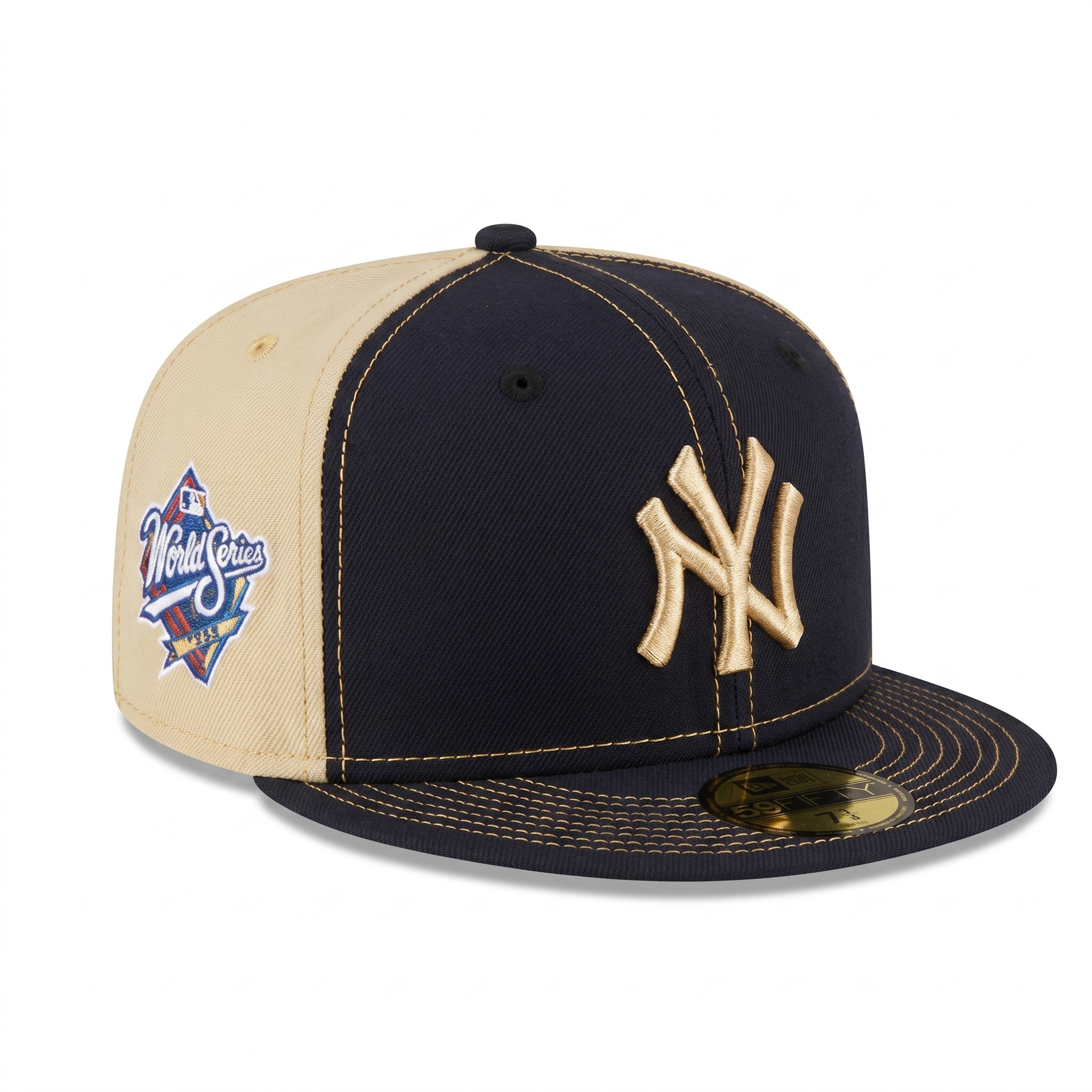 Back view of the two-tone New York Yankees 59FIFTY fitted hat showing the khaki rear panels and the classic embroidered MLB Batterman logo.