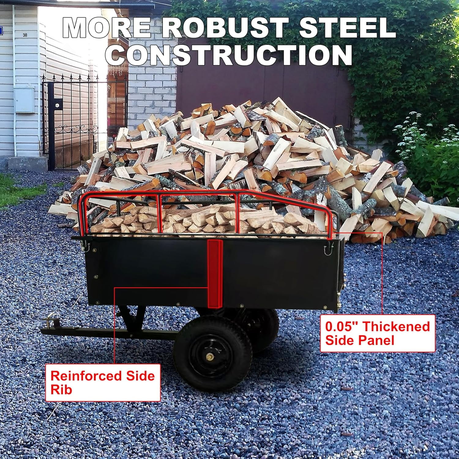 Heavy Duty Steel ATV Trailer,1600 Lbs Dump Cart, 15 Cubic Feet, Removable Sides, for Riding Lawn Mower Tractor - Image 9