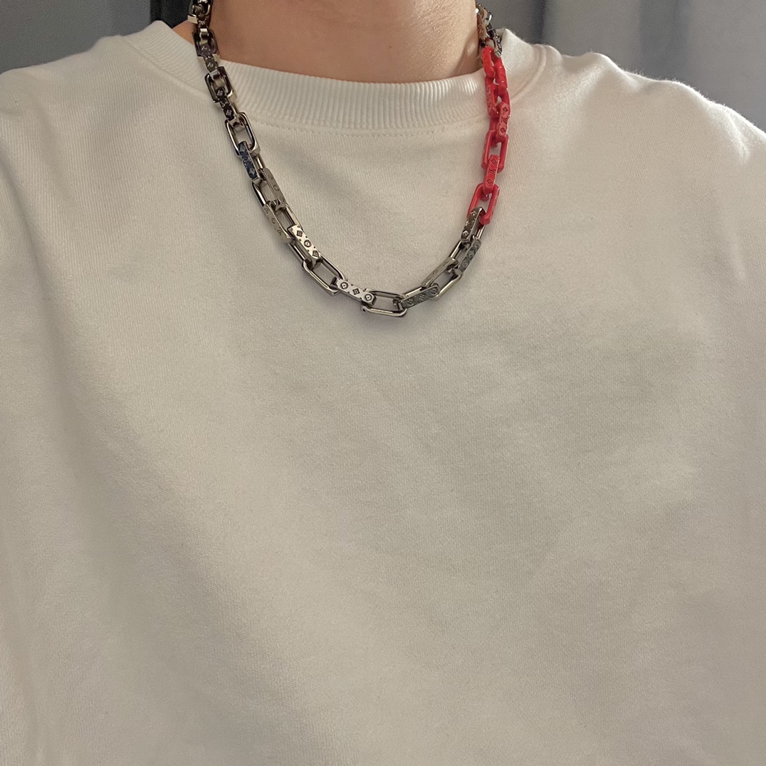 Louis Vuitton Silver Mixed Orange Monogram Chain Necklace - Original Replica Club