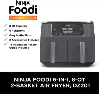 Ninja Foodi 10QT 6-in-1 DualZone Smart XL Air Fryer, 2 Independent 5QT Baskets, Smart Cook Thermometer, Match Cook, Smart Finish, Air Fry, Roast, Bake, Dehydrate, Reheat, Grey, DZ550