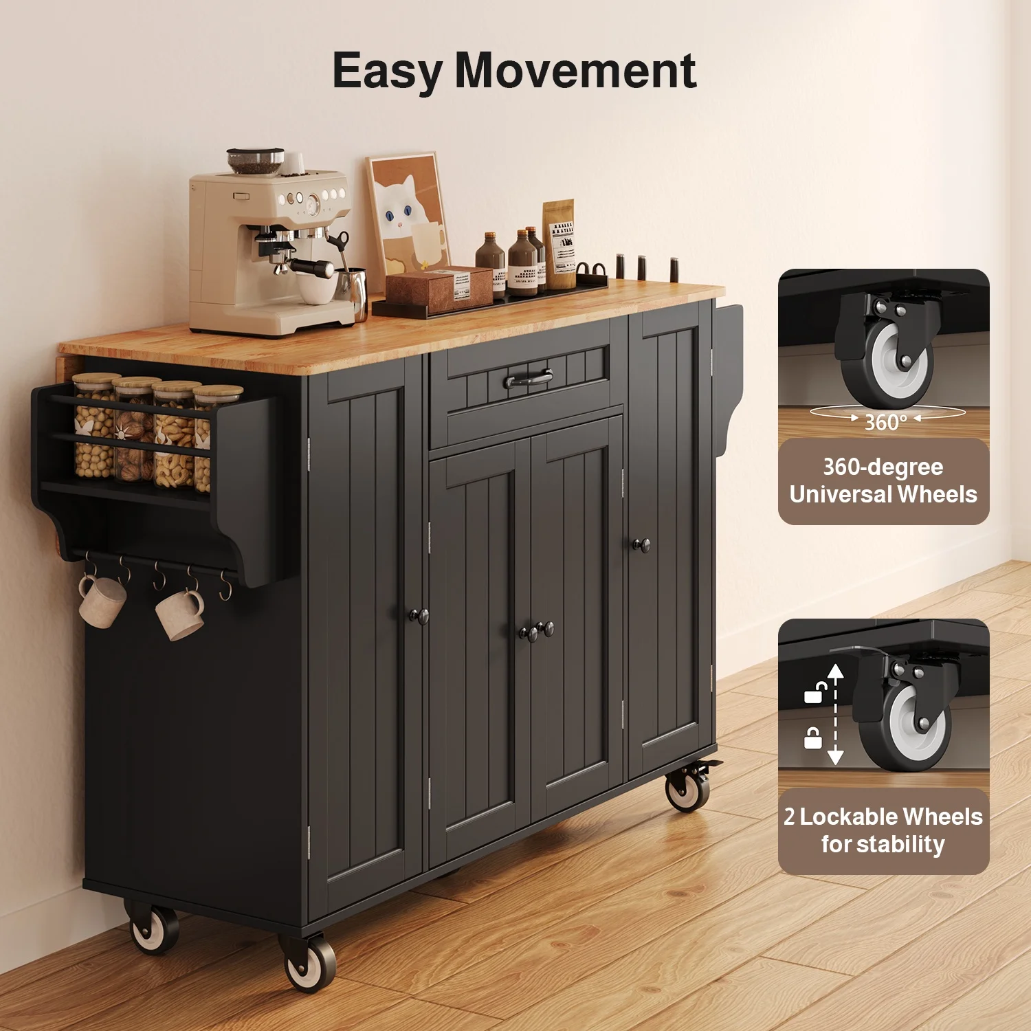 Noelse Kitchen Island with Storage, Island Table for Kitchen with Drop Leaf, Spice Rack, Towel Bar for Small Kitchens, White - Image 32
