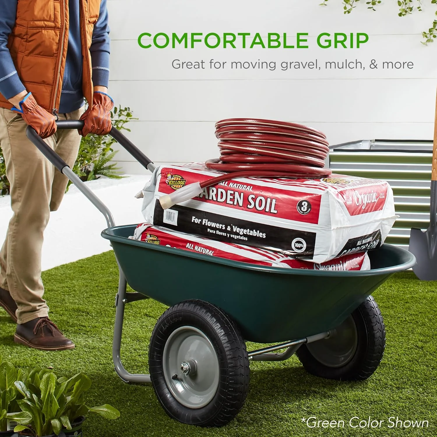 ZMMOO Dual-Wheel Home Utility Yard Wheelbarrow Garden Cart w/Built-in Stand for Lawn, Gardening, Construction - Red - Image 10