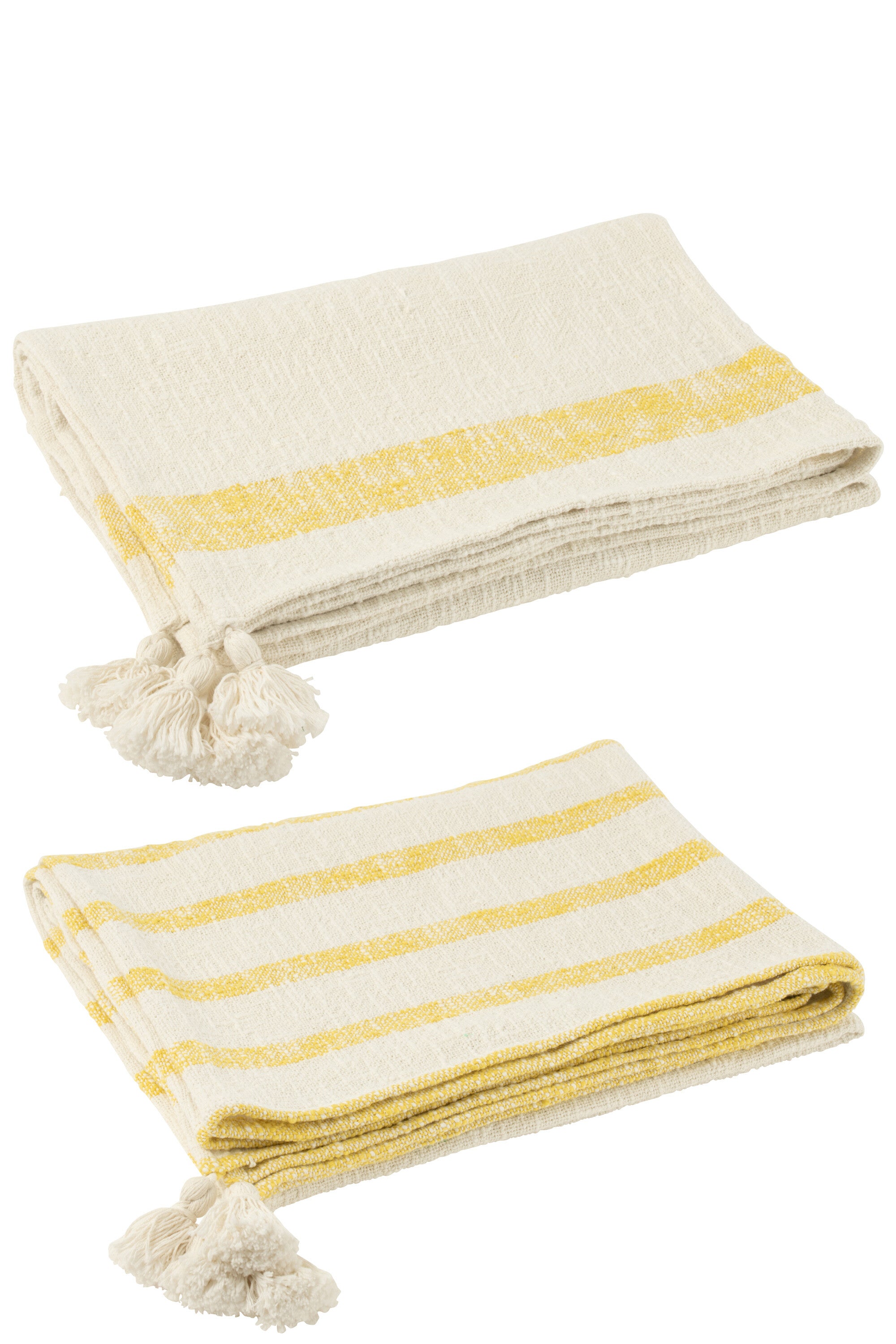 J-Line plaid Strepen + Kwasten - katoen - wit geel - 2 stuk
