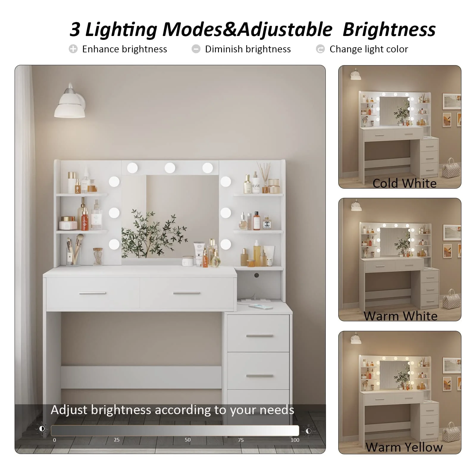 Makeup Vanity with Mirror and Lights,3 Lighting Colors,Bedroom Vanity Table with Charging Station,White Make Up Desk with 5 Drawers Storage and Open Shelves - Image 5
