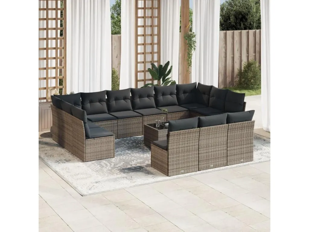 Set de sofás de jardín 14 piezas con cojines ratán sintético gris