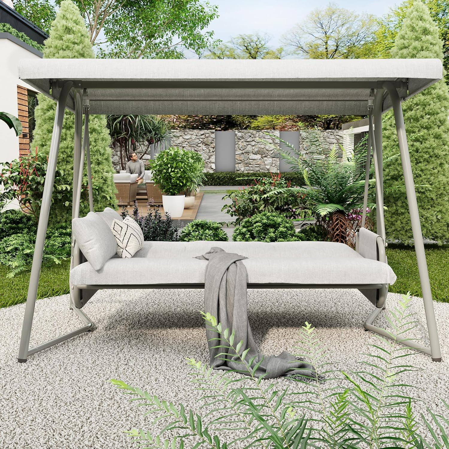 CHINNLUU Oversized 4 Person Porch Swing with Stand 800 LBS Capacity Adjustable Canopy Backrest Includes Cushions Pillows Patio 2 in 1 Swing Bed for Backyard Garden Poolside, Champagne - Image 2