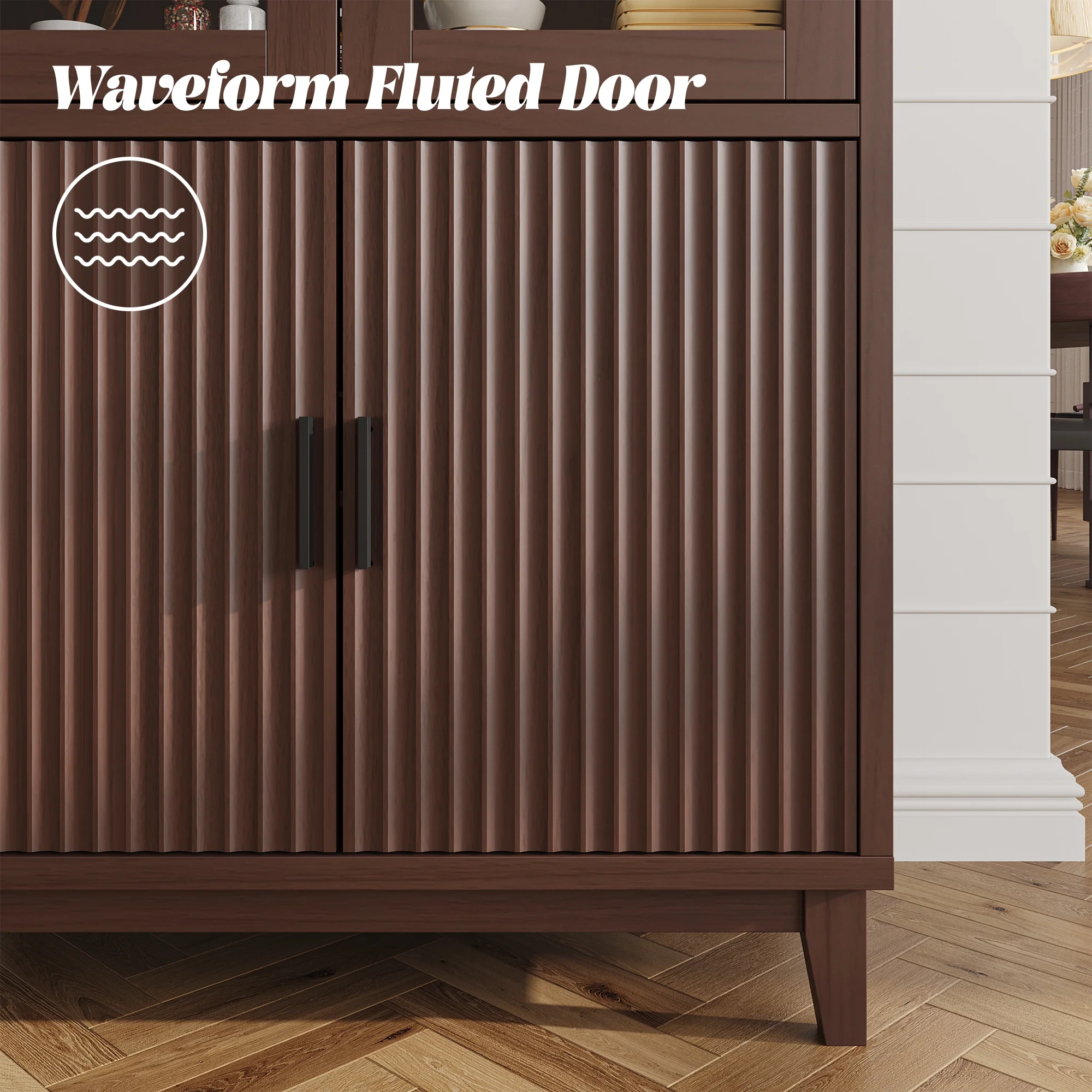 VEANERWOOD 71" Tall Arch Cabinet, Wood Fluted Kitchen Kitchen Storage Cabinet with 4 Doors and 6 Shelves for Dining Room Living Room - Image 17