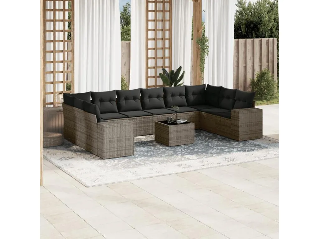 Set de sofás de jardín 11 pzas y cojines ratán sintético gris gpal81467