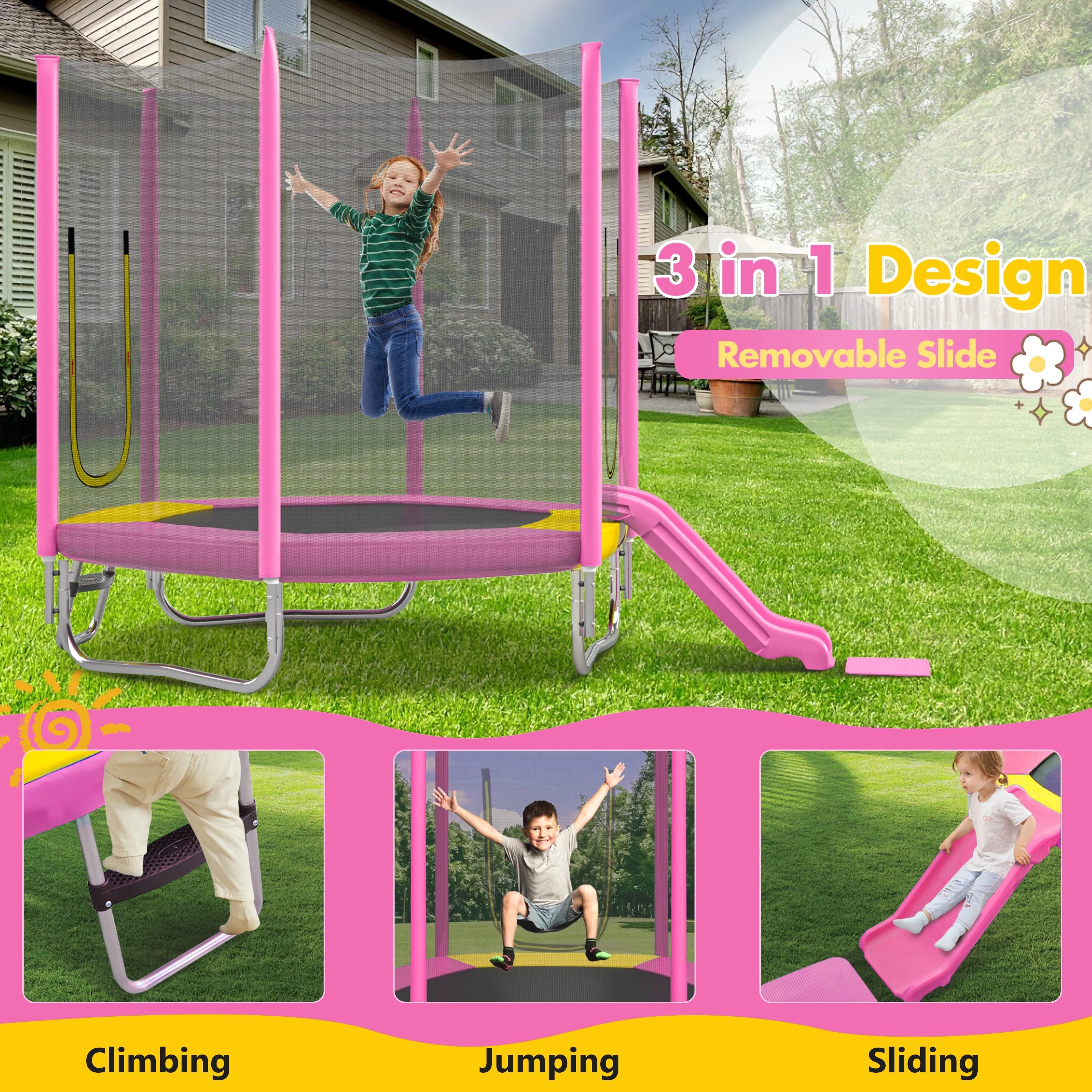 EUROCO 7FT Trampoline with Removable Slide, Kids Indoor Outdoor Trampoline with Enclosure Net and Ladder, Pink - Image 5