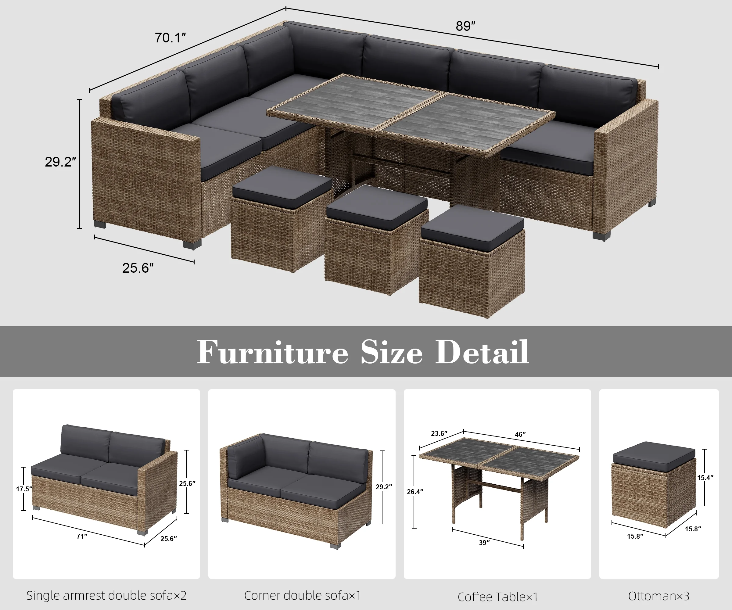 Bifanuo 7 Piece Patio Furniture Set, Outdoor Furniture Patio Sectional Sofa, All Weather PE Rattan Outdoor Sectional with Beige Cushions and Table, Black Wicker - Image 16