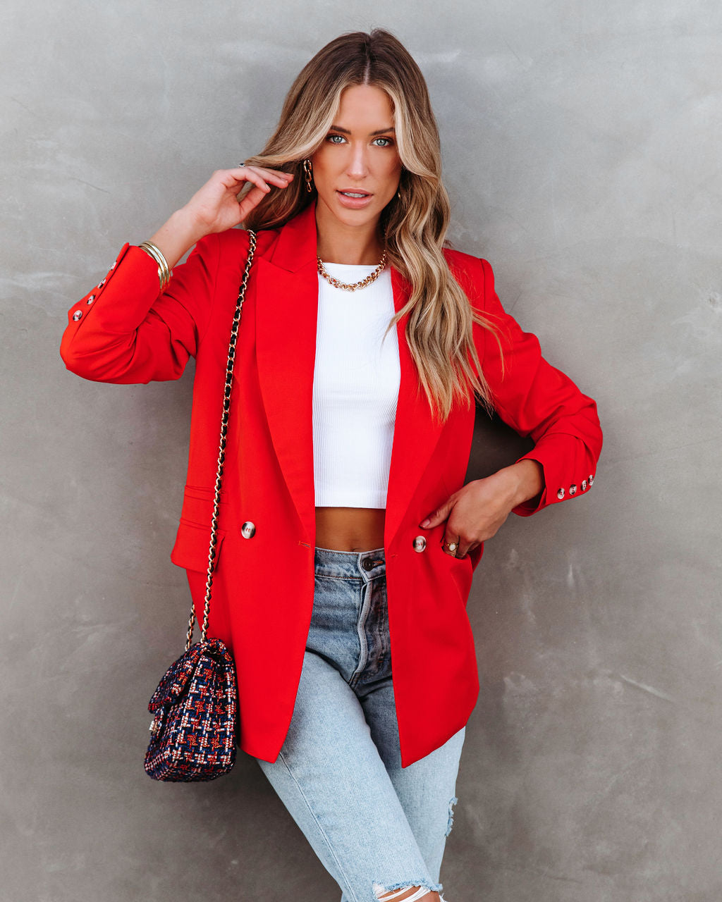 Angelita Pocketed Blazer - Red - Se7enfashion