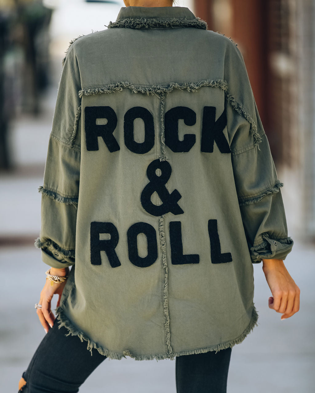 Cotton Rock & Roll Frayed Utility Jacket - Olive - Se7enfashion