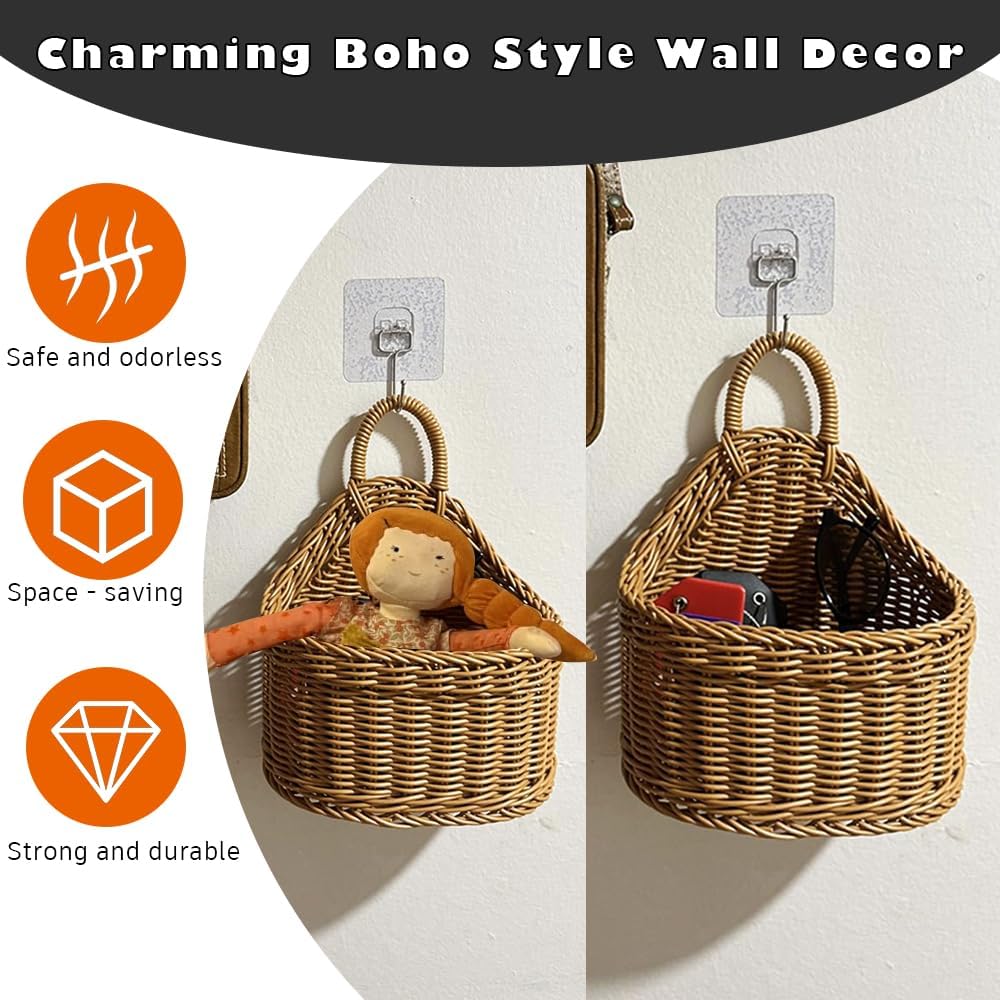 Japanese Rattan Style Storage Baskets, 2-Pack (Small & Large) Kitchen Organizer Hanging Baskets for Garlic, Onion, Fruits, Remote Control, Bathroom Supplies, Brown Oval Countertop or Wall Mount
