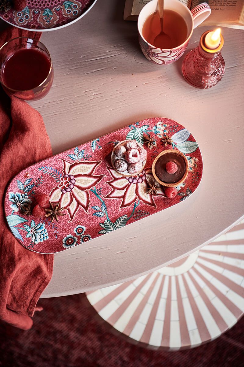 Cake Tray Rectangular Flower Festival Dark Pink 33.3x15.5cm