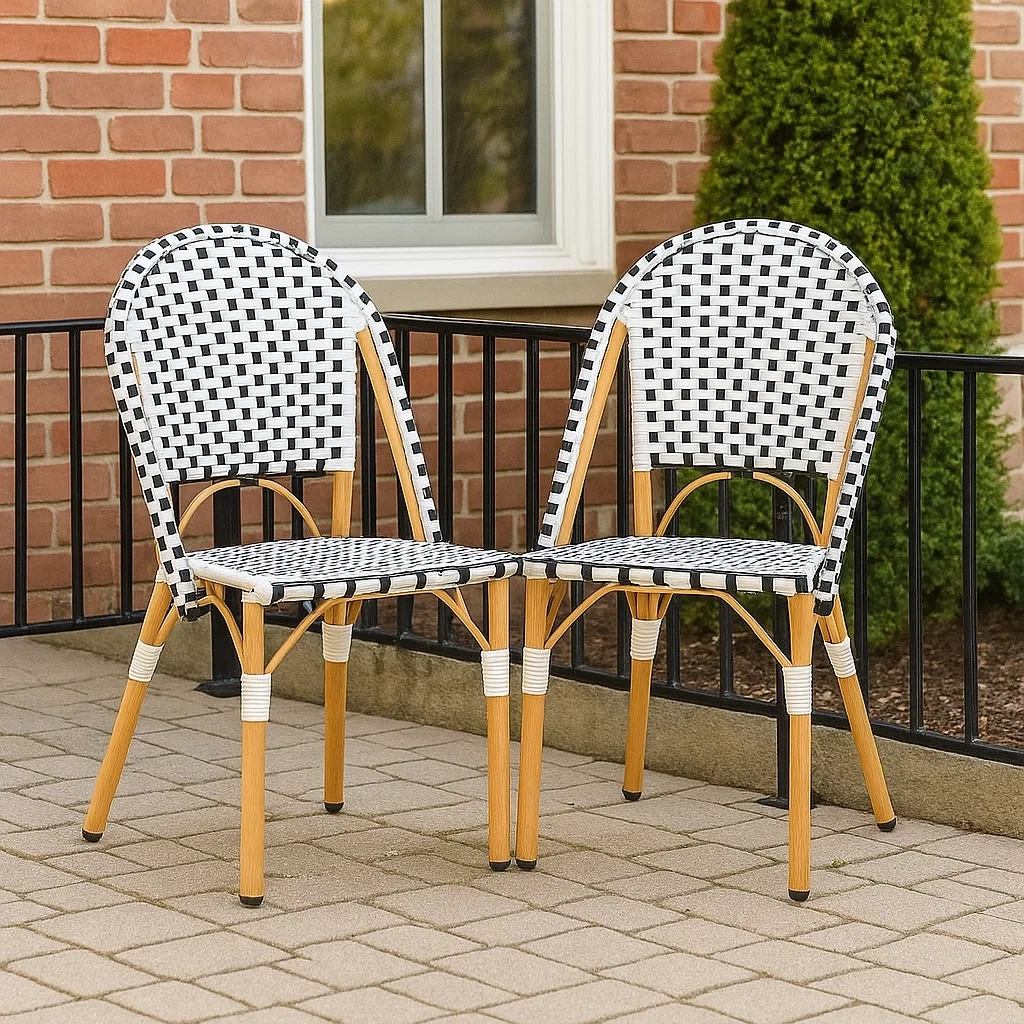 Sillas de comedor de exterior,conjunto de 2 sillas sin brazos,marrón,bambú y ratán de imitación,adecuado para jardín
