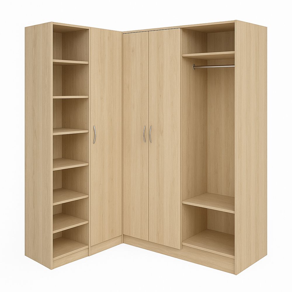 Armario esquineros de madera con estantes y barra de colgar,diseño moderno y funcional