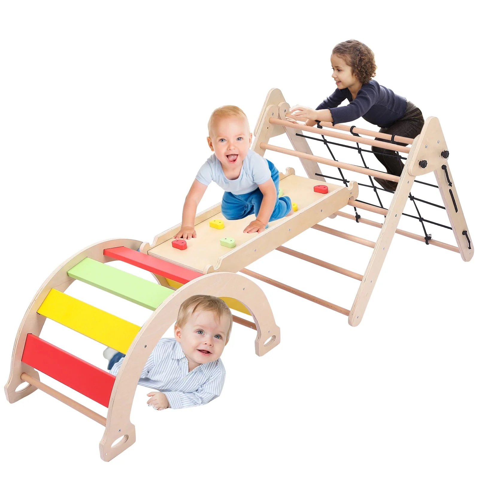 EastVita Toddler Indoor Gym Playset 2-in-1 Wooden Climbing Toys Triangle Folding Climbing for Climbing Sliding for Boys and Girls - Image 2