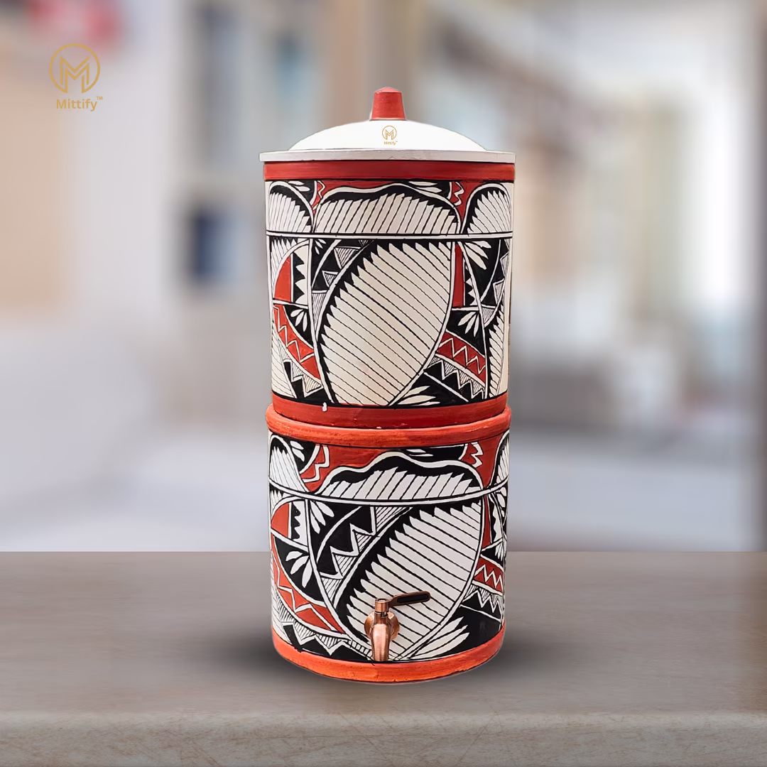 Mittify Handmade Clay Water Filter with Lid Metal Tap | Earthen Harp Design Water Filter | Eco - Friendly Clay Filter (676 oz/20 L)