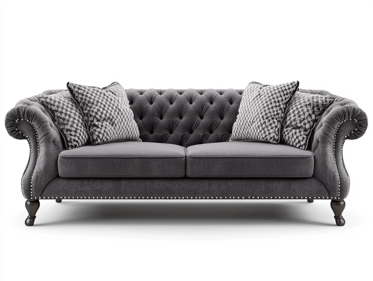 Sofá de terciopelo gris con patas de madera y cojines decorativos, 3 plazas