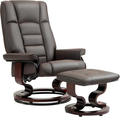 Faux Leather Recliner Chair with Swivel Ottoman High Back and Wood Frame Brown