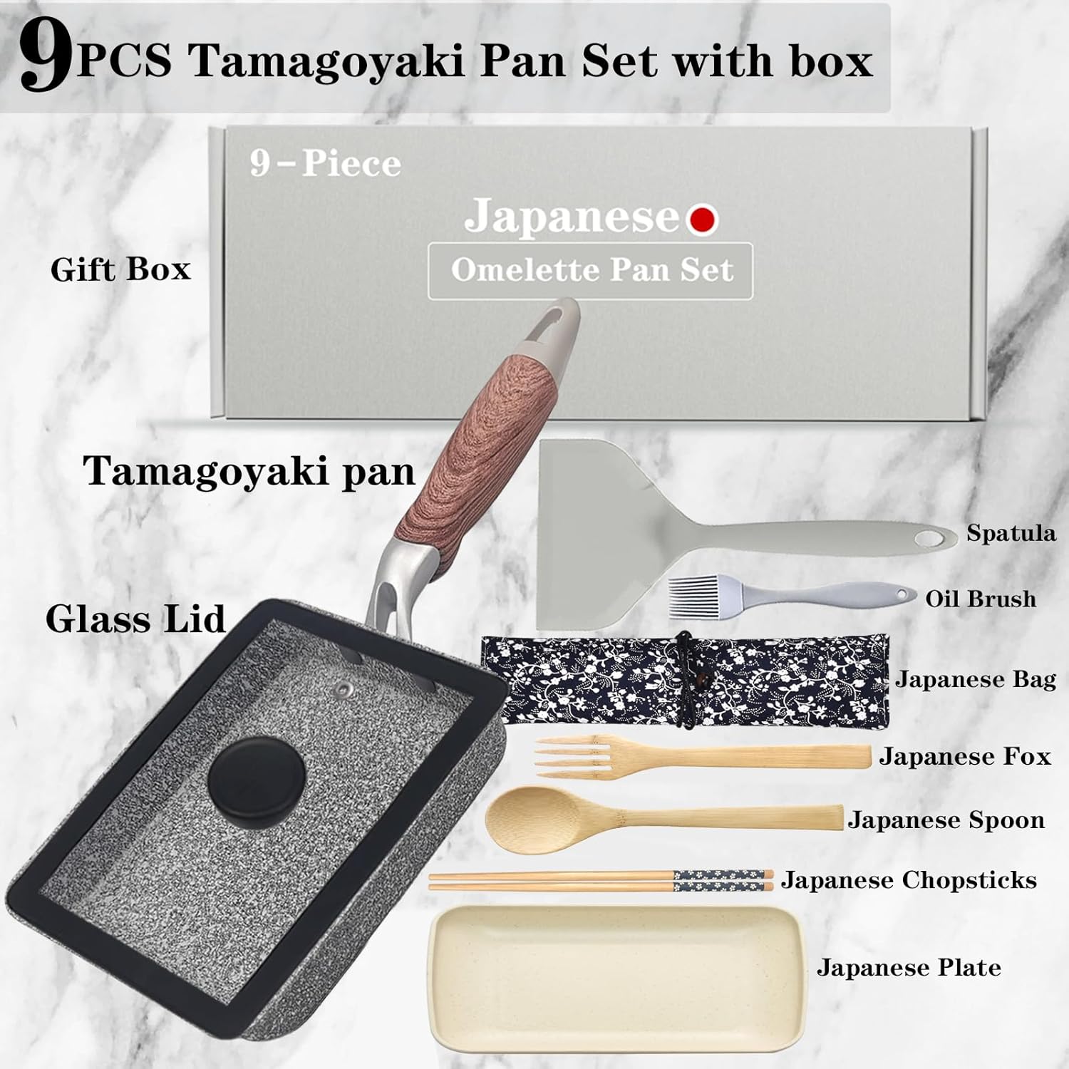 9Pcs Tamagoyaki Pan Set, Japanese Omelette Pan Nonstick with Lid, Square Japanese Egg Skillet Rectangle 7