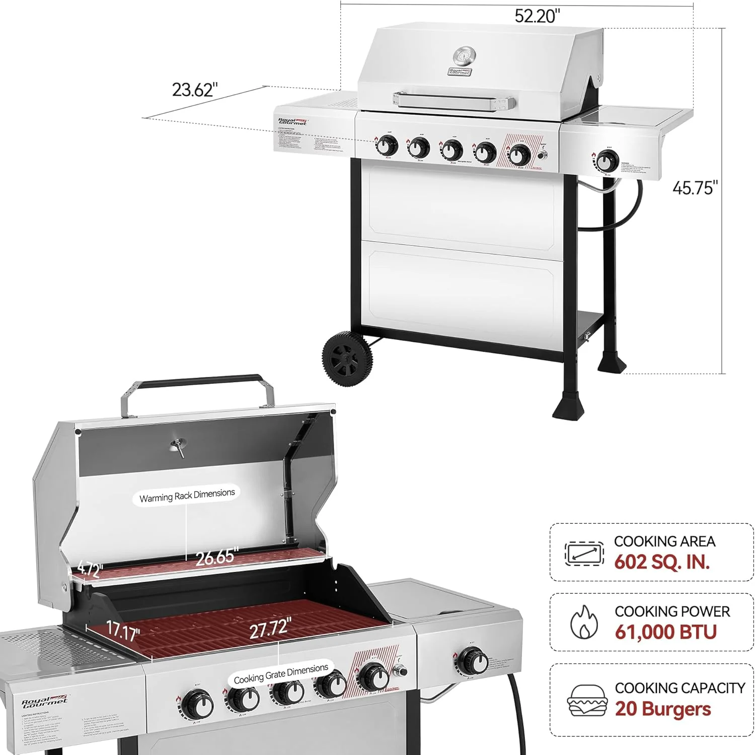 Royal Gourmet GA5401T 5-Burner BBQ Liquid Propane Gas Grill Stainless Steel 61000 BTU Output