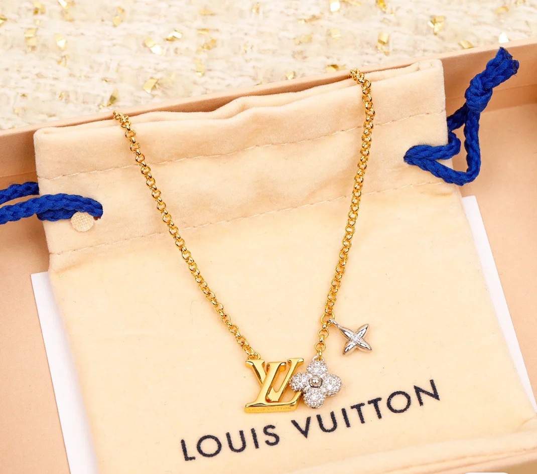 Louis Vuitton Mixed Metal Color LV Monogram Earrings Necklace - Original Replica Club
