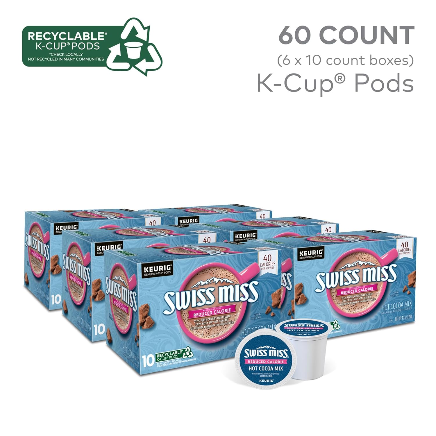 Swiss Miss Reduced Calorie Hot Cocoa. 60 Count (6 Packs of 10)