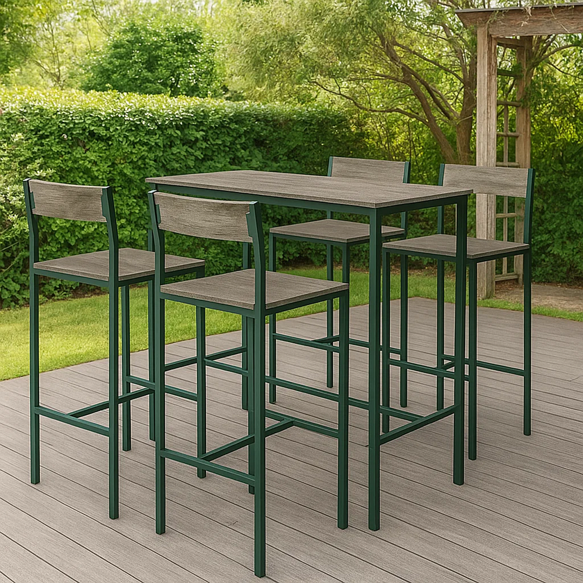 Conjunto de bar para jardín 5 pzas metal verde y efecto madera gris – mesa alta y 4 taburetes
