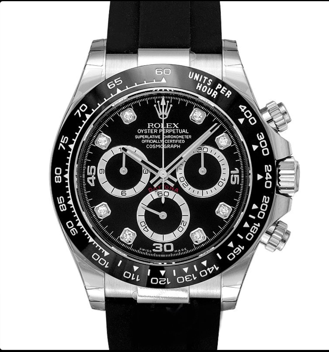 Replica Rolex Daytona Diamond Bezel White Gold Automatic Black Dial